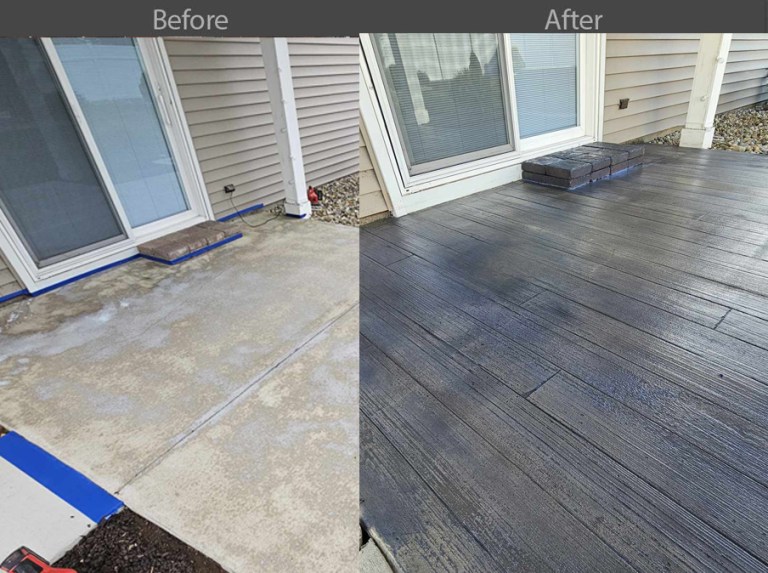 Before & After of Patio Concrete Overlay - Wood Grain & Stained